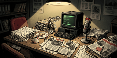 Vintage radio desk with computer, research papers, newspapers, and ON AIR microphone