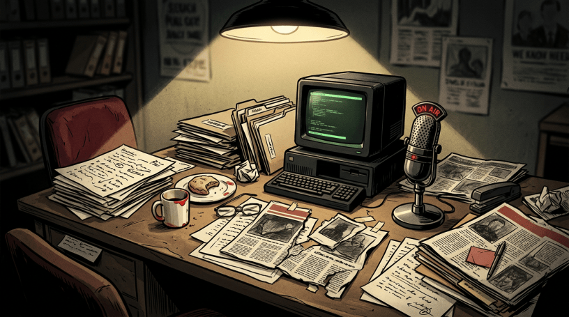 Vintage radio desk with computer, research papers, newspapers, and ON AIR microphone